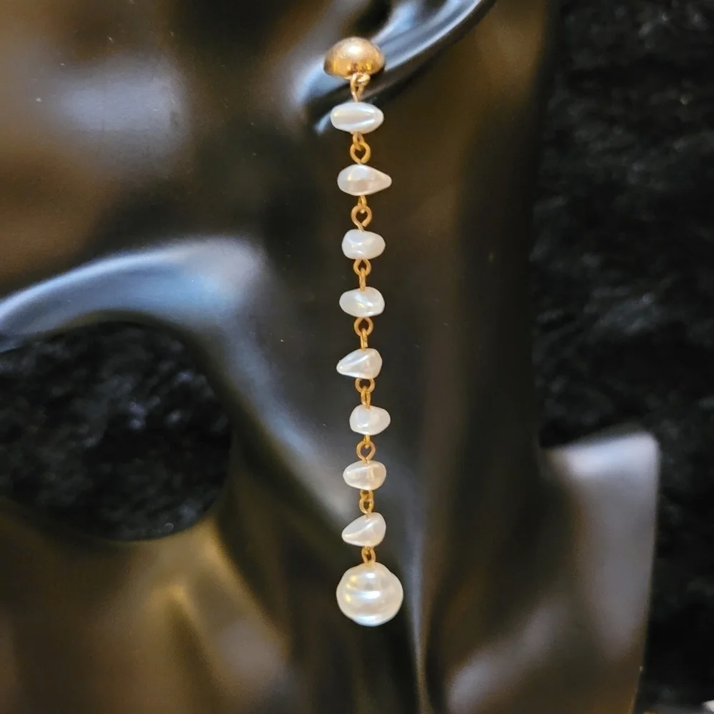 NWT Cultured Freshwater Pearl Strand Long Drop Gold Earrings